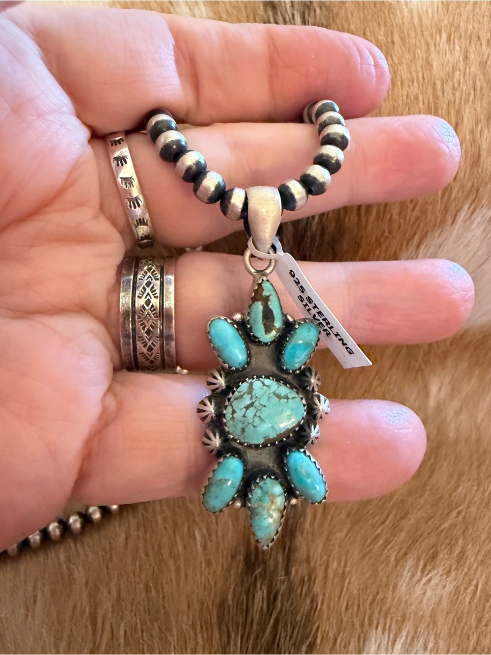 ❤️ Number 8 Mine Turquoise Navajo Style Matte Sterling 7 Stone Pendant 2”L